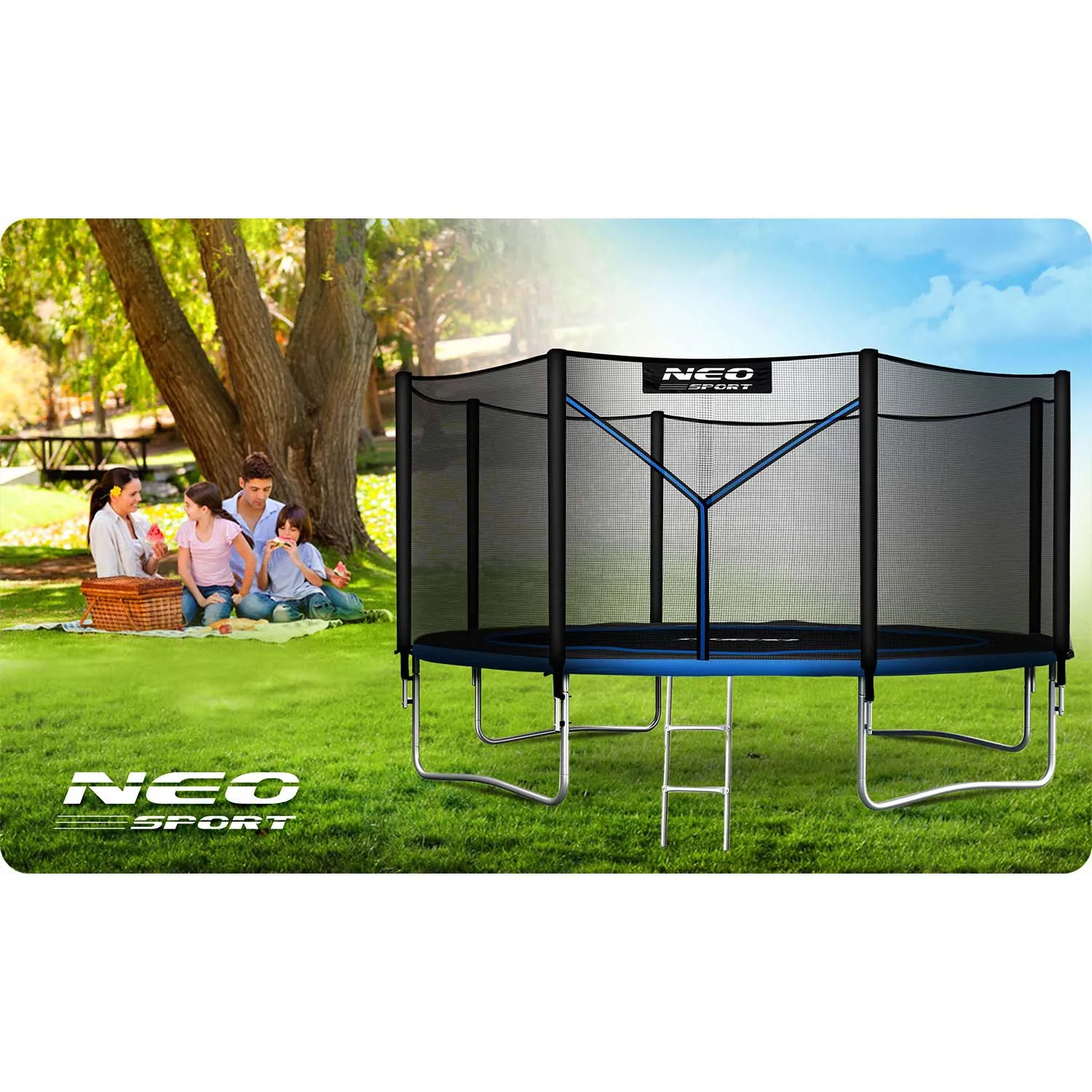 neo-sport vrtni trampolin 404 cm (13 ft) s vanjskom mrežom i ljestvama, plavi - slika 8