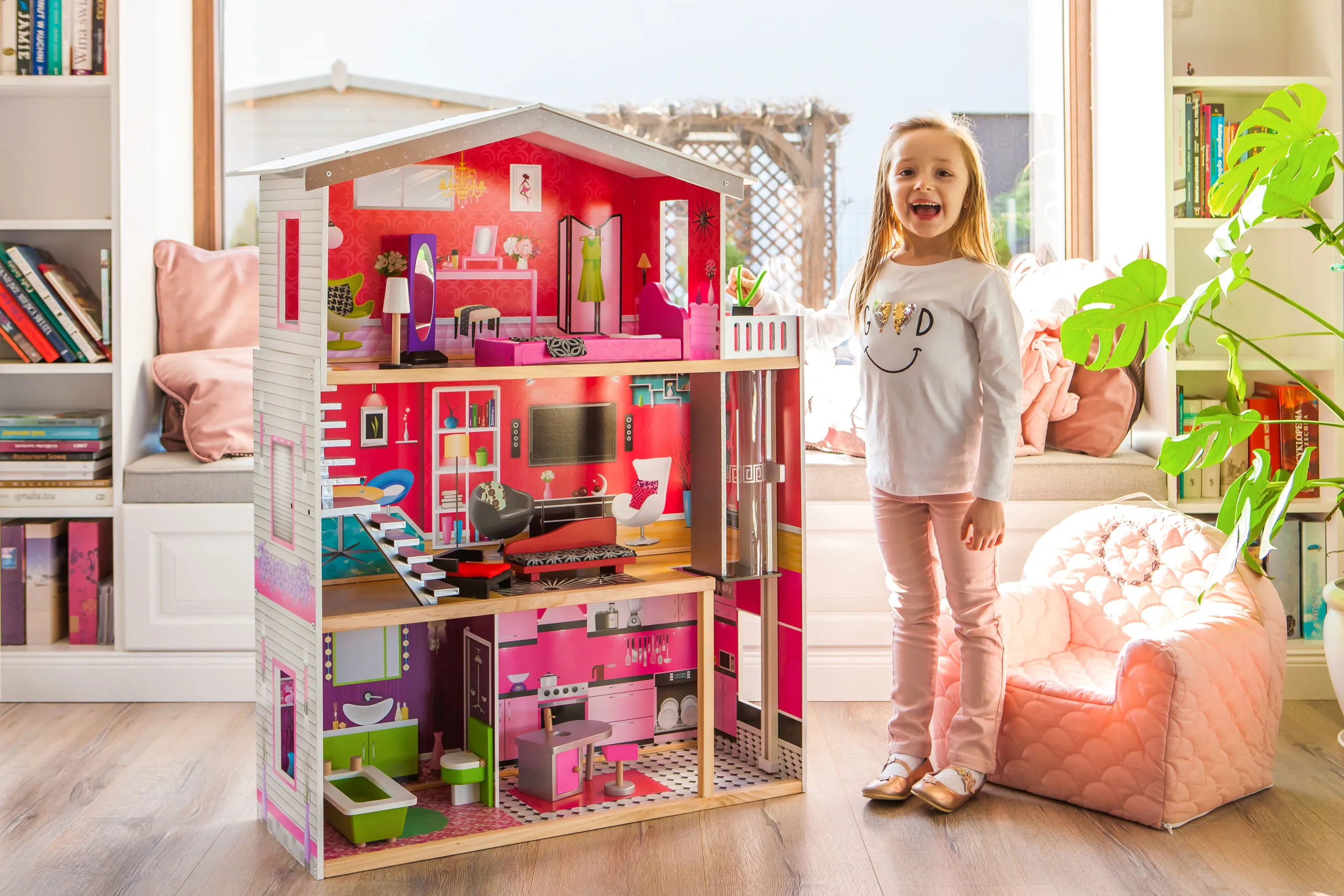 velika drvena kućica za lutke s liftom - malibu residence ecotoys - slika 8