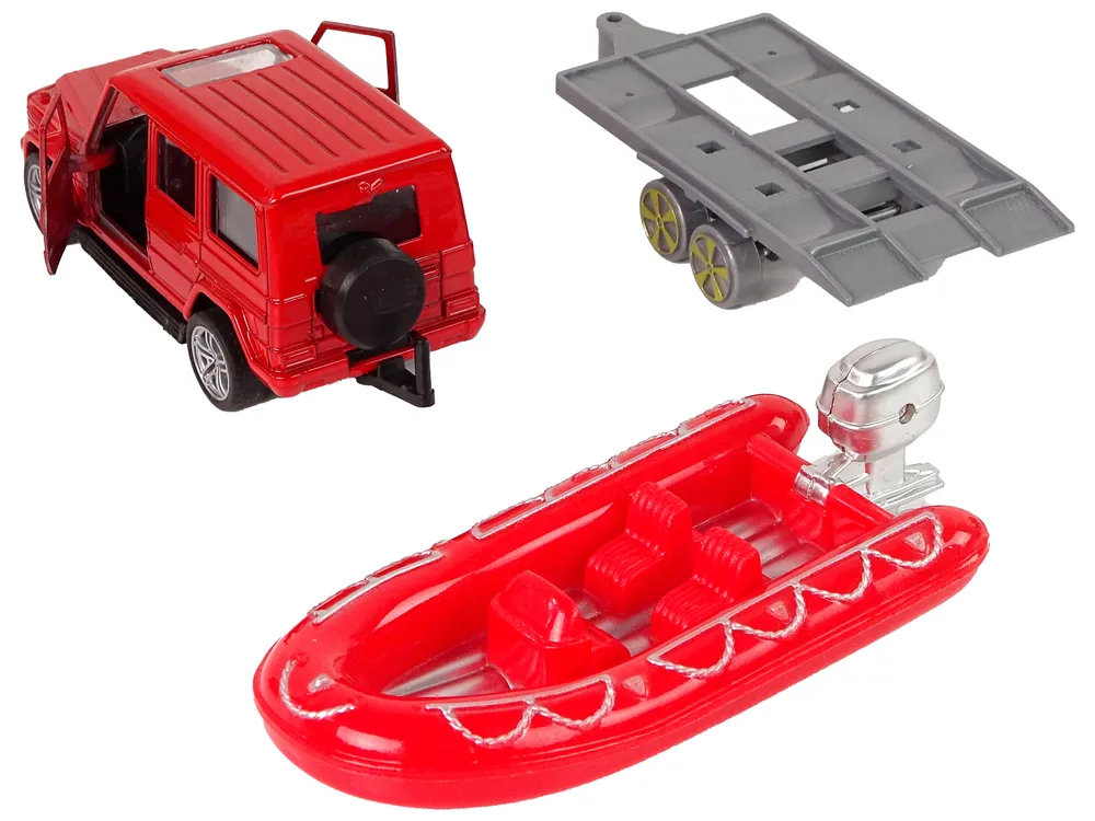 set vatrogasnih vozila s prikolicom i motornim čamcem crveni - slika 7