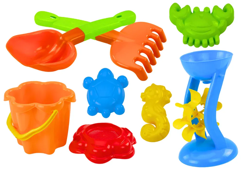 Set pijeska, kanta, mlin, cjedilo, kalupi, 9 šarenih - Pribislavec