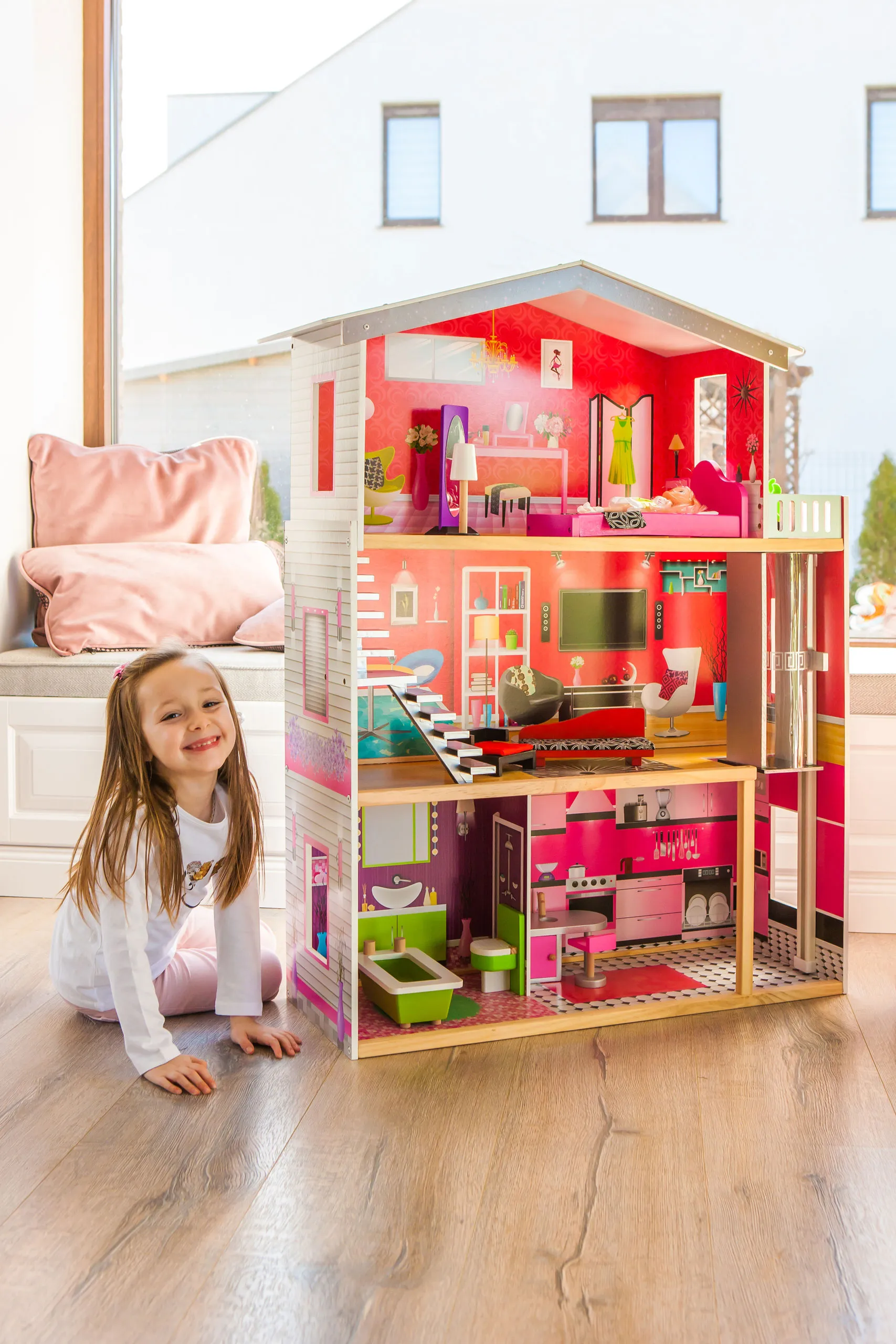 velika drvena kućica za lutke s liftom - malibu residence ecotoys - slika 9