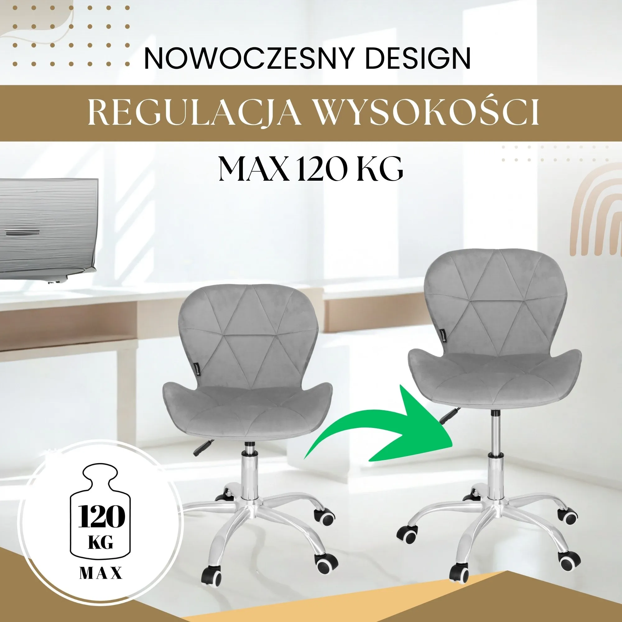 uredska baršunasta stolica tamno siva, krom, crni elementi - slika 5