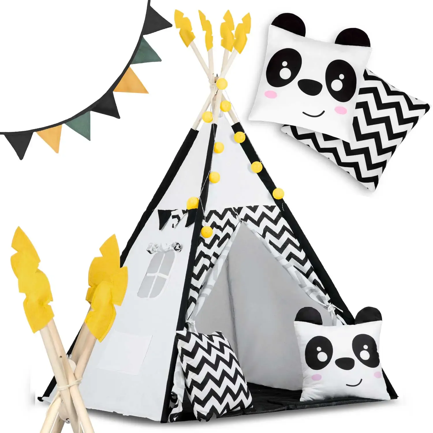 teepee šator za djecu s girlandom i svjetlima, crno-bijeli s pandom - slika 2