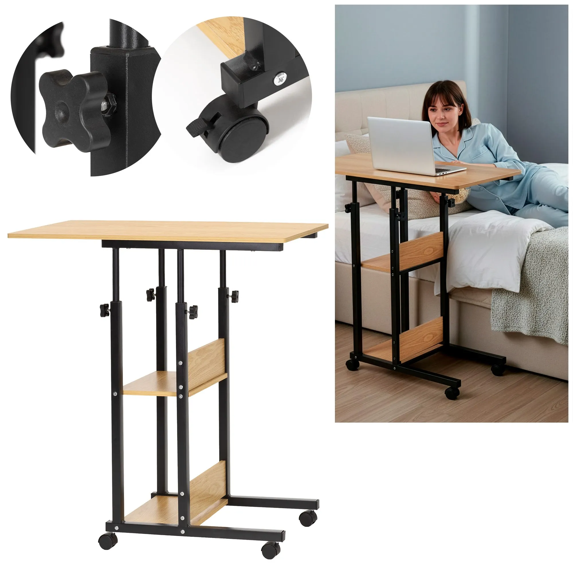 mobilni stol 73-85 x 40 x 80 cm svijetlosmeđa, crna - slika 3