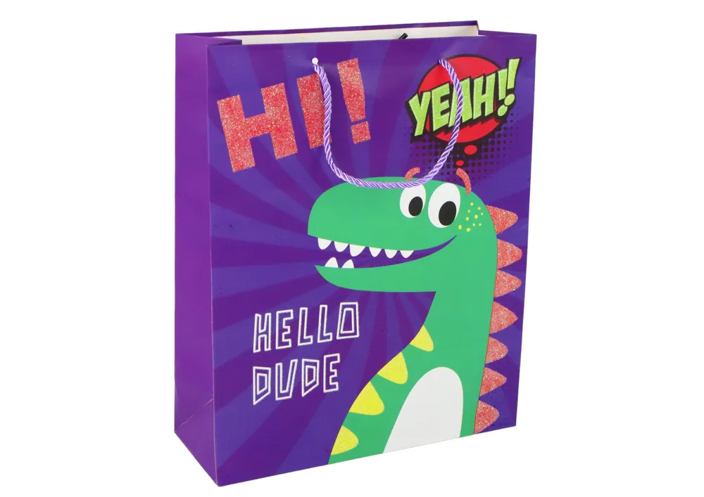 ljubičasta papirnata vrećica za poklon od dinosaura 41,5 cm x 30 cm x 12 cm - slika 3