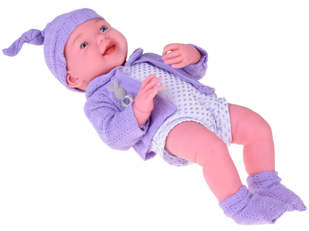 sretna beba lutka u ljubičastom džemperu i šeširu, 40 cm - slika 8