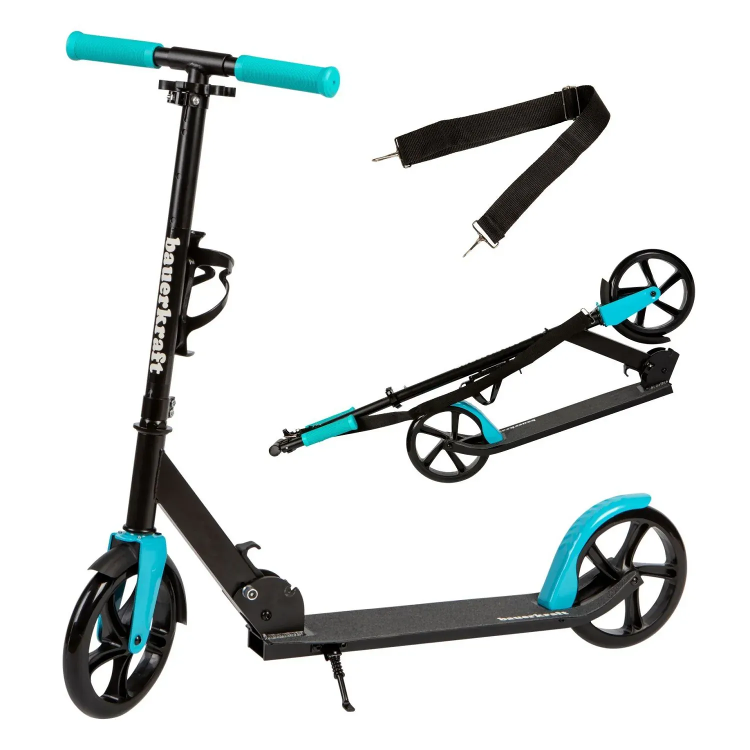 Sklopivi romobil za djecu i mlade – kotači 200 mm, podesiva visina 91–101 cm crno tirkizni - Pribislavec