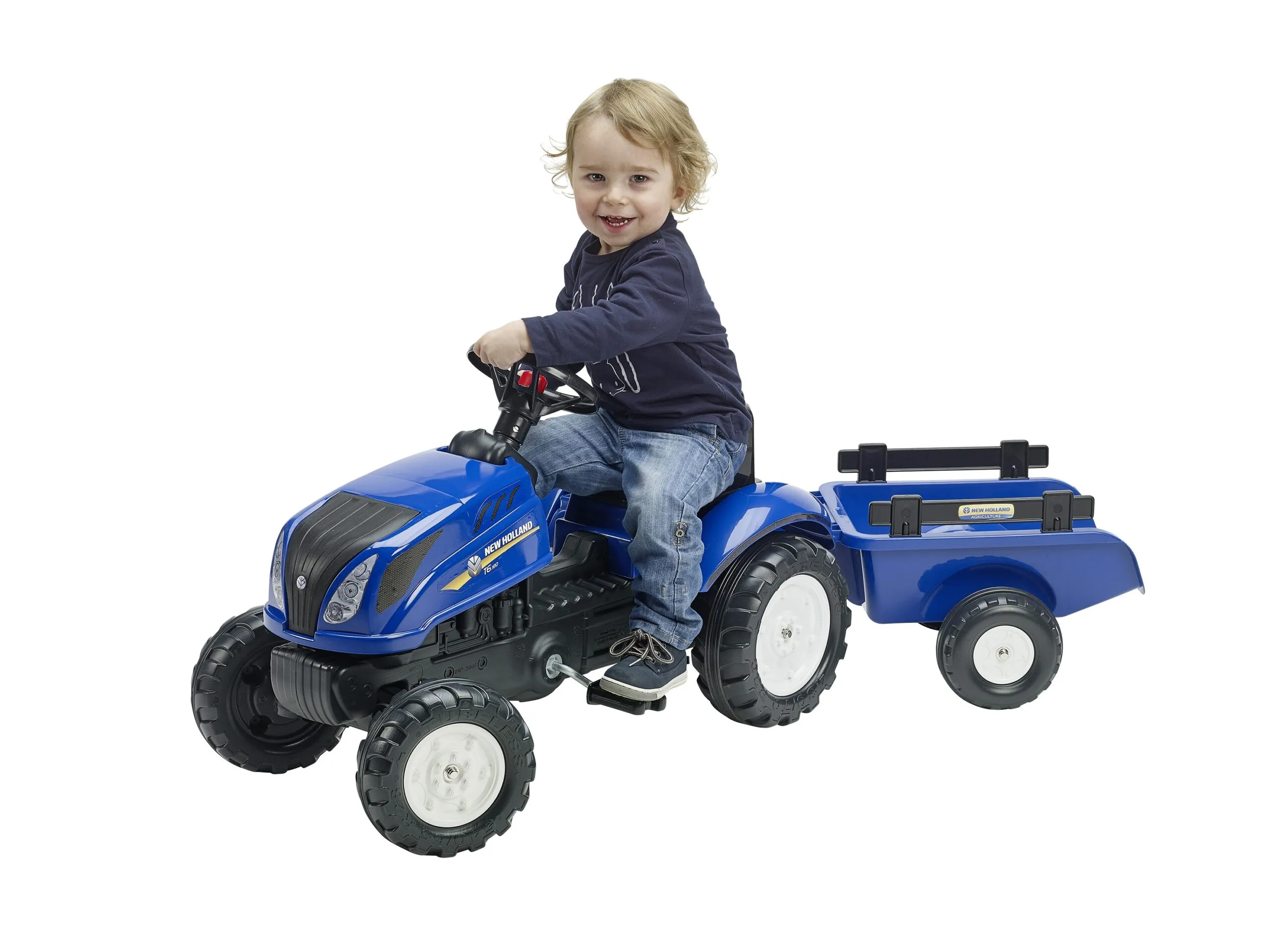 falk traktor na pedale s prikolicom - new holland plavi - slika 4