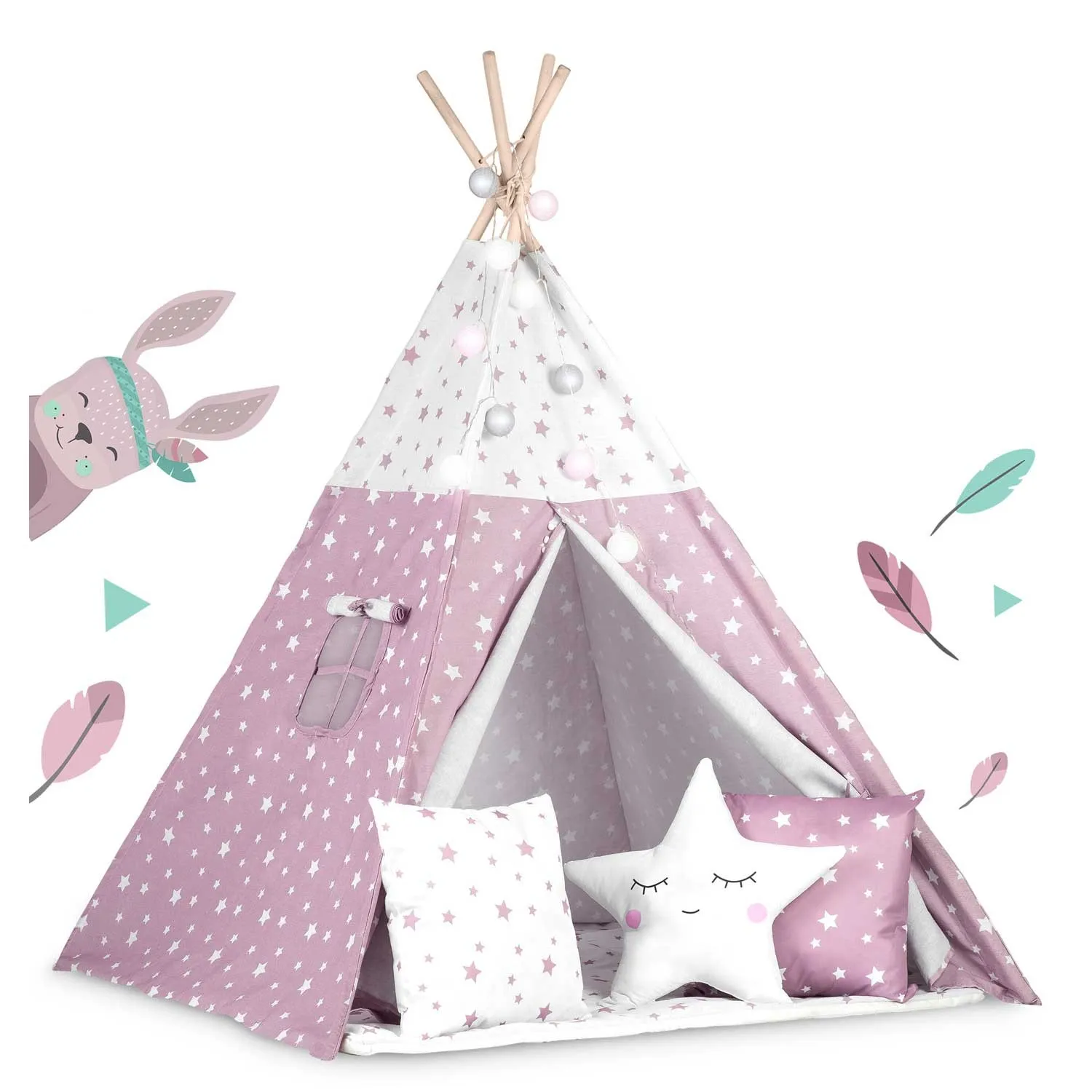 nukido teepee šator za djecu s svjetlima -bijelo rozi - slika 3