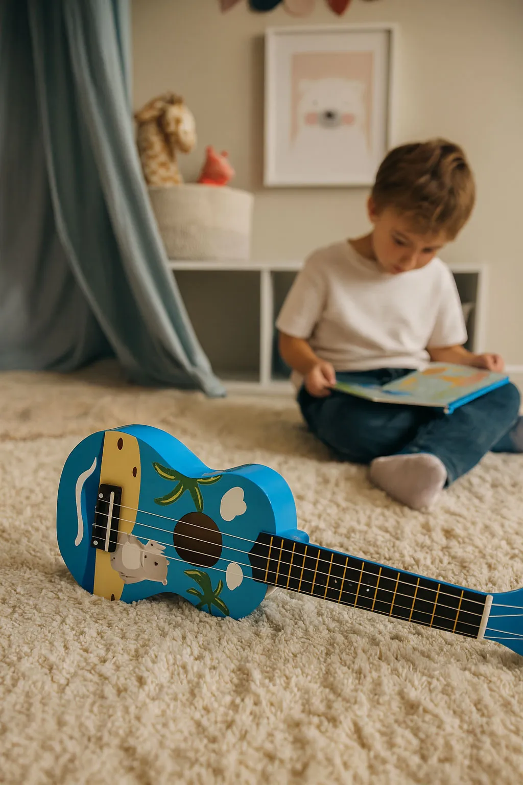 ecotoys drvena ukulele za djecu, plava – 4 najlonske žice i trzalica - slika 5