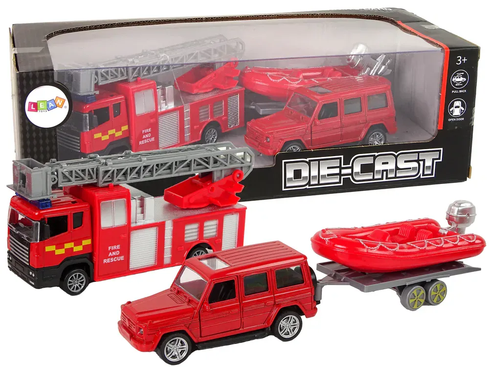 set vatrogasnih vozila s prikolicom i motornim čamcem crveni - slika 2