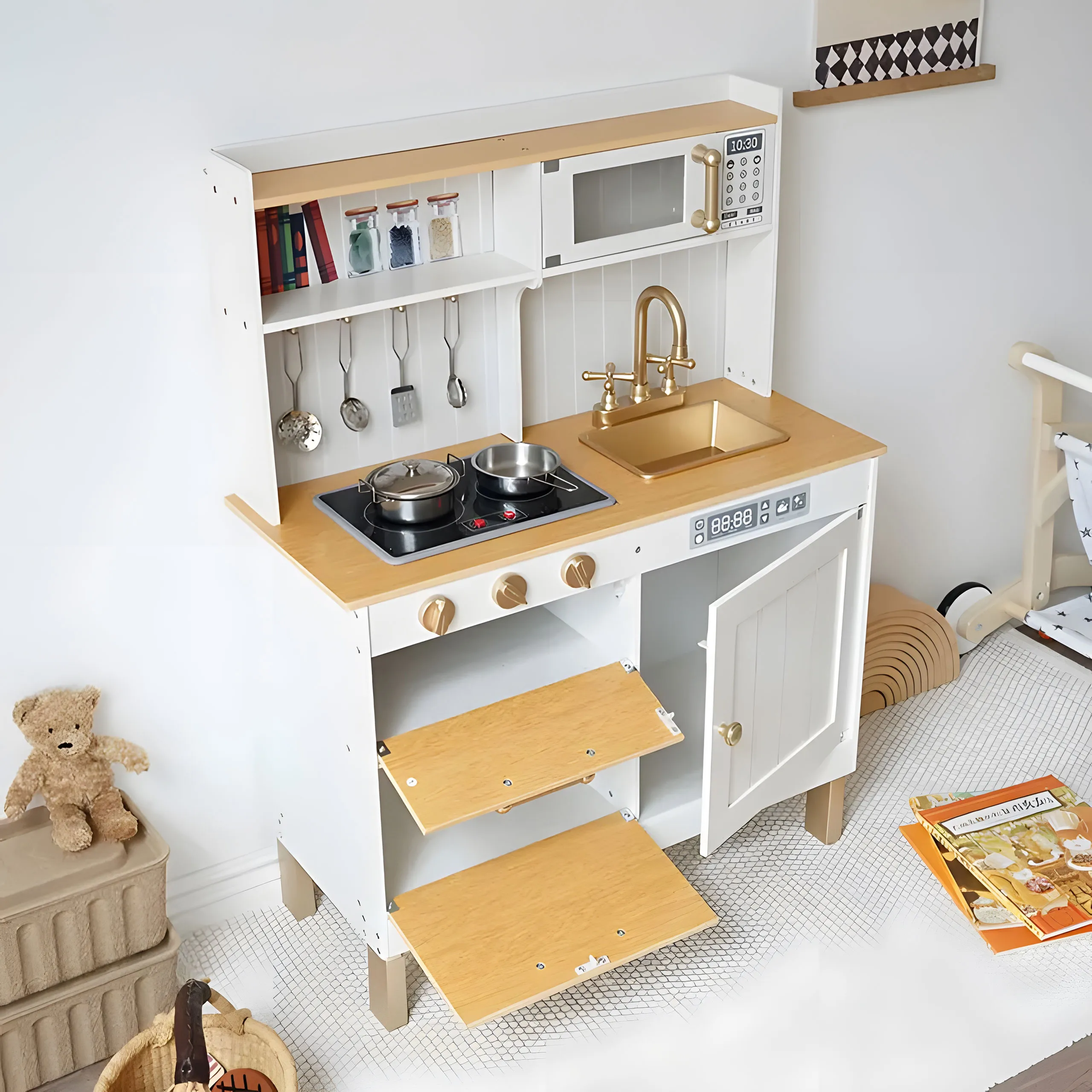drvena dječja kuhinja sa zvukom i led-om, velika, s ormarićima na otvaranje i 7 dodataka, ecotoys - slika 9