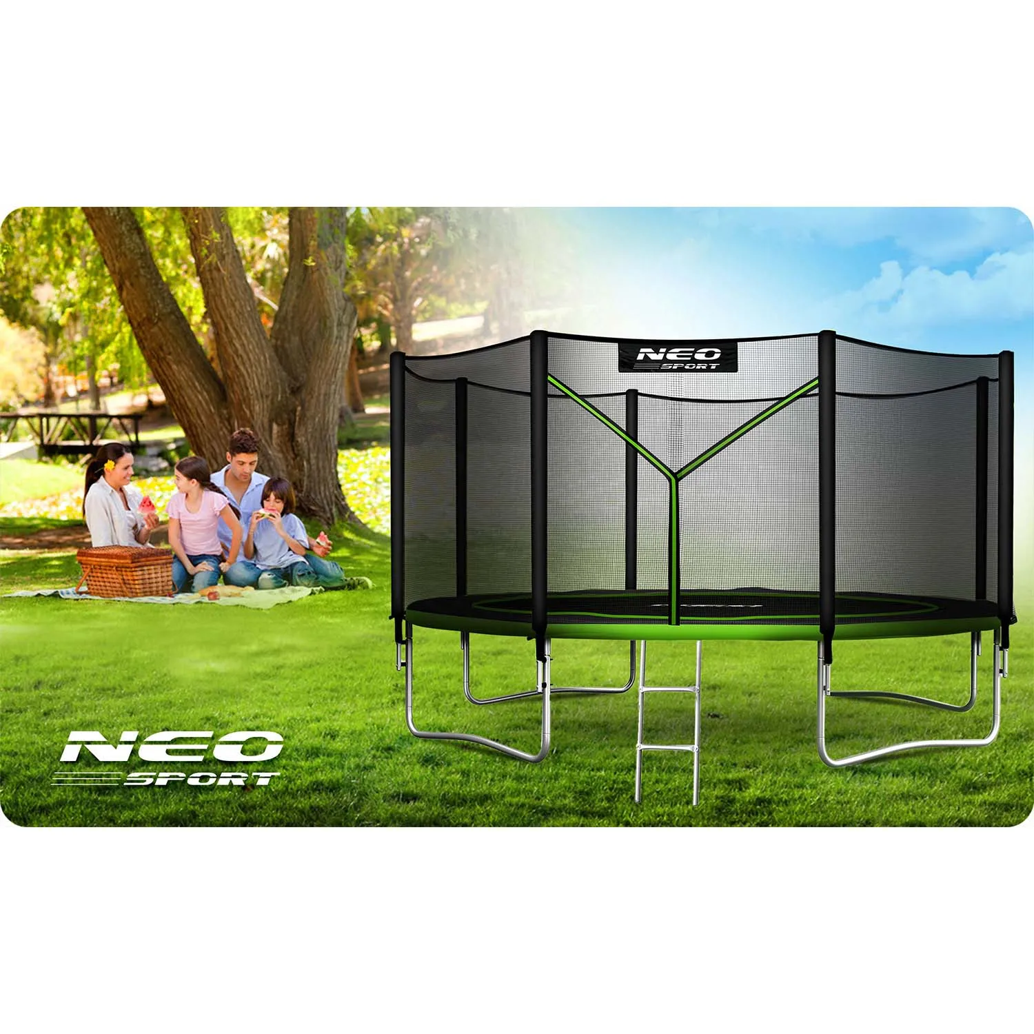 neo-sport vrtni trampolin 374 cm (12 ft) s vanjskom mrežom i ljestvama, zeleni - slika 8