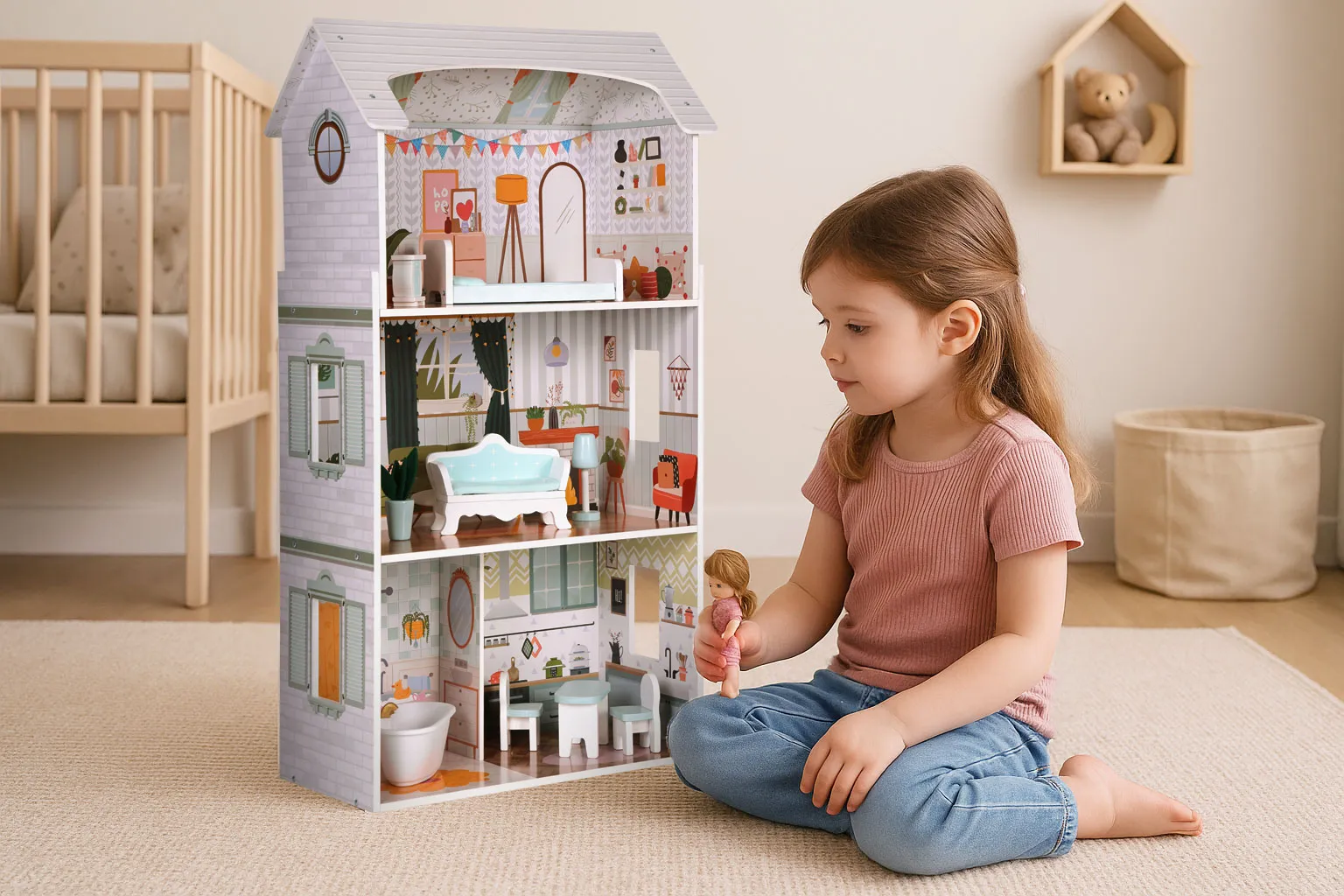 ecotoys kućica za lutke alice – 3 kata, 4 sobe i 9 komada namještaja - slika 9