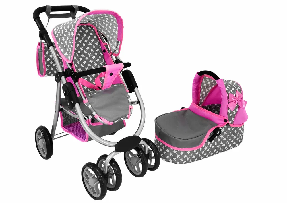 dječja kolica za lutke 2-u-1 torba za nosiljku pink stars - slika 3
