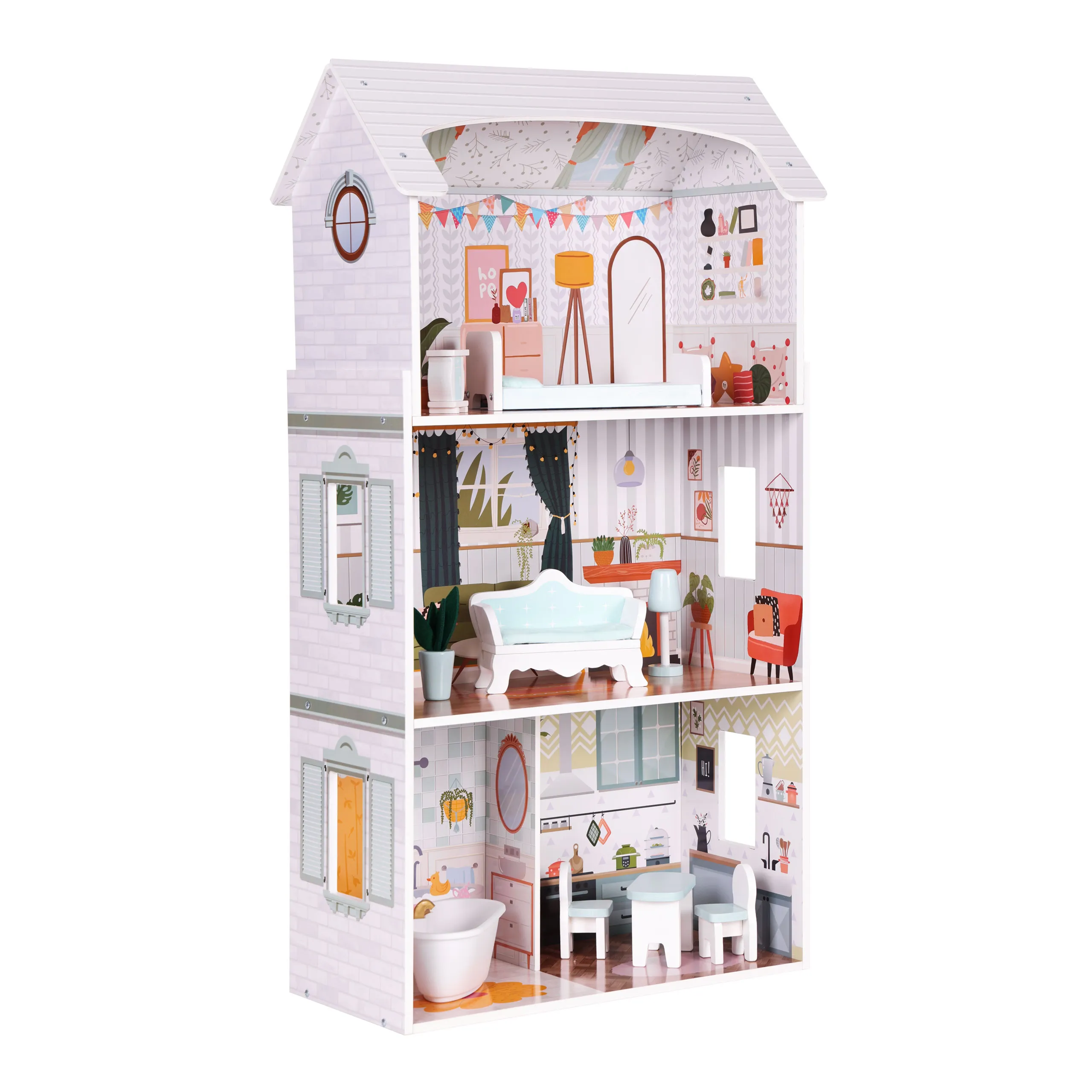 ecotoys kućica za lutke alice – 3 kata, 4 sobe i 9 komada namještaja - slika 4