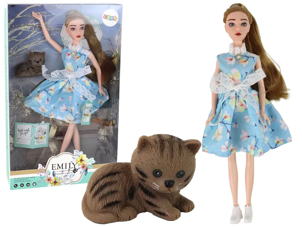 lutka emily - smeđa kosa, plava haljina i mačka - slika 2