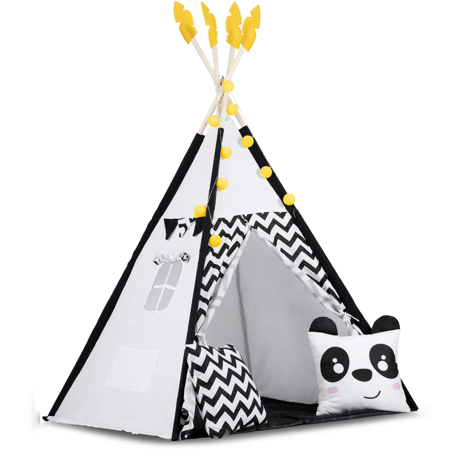 teepee šator za djecu s girlandom i svjetlima, crno-bijeli s pandom - slika 4