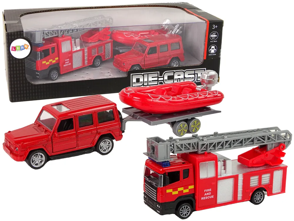 set vatrogasnih vozila s prikolicom i motornim čamcem crveni - slika 8