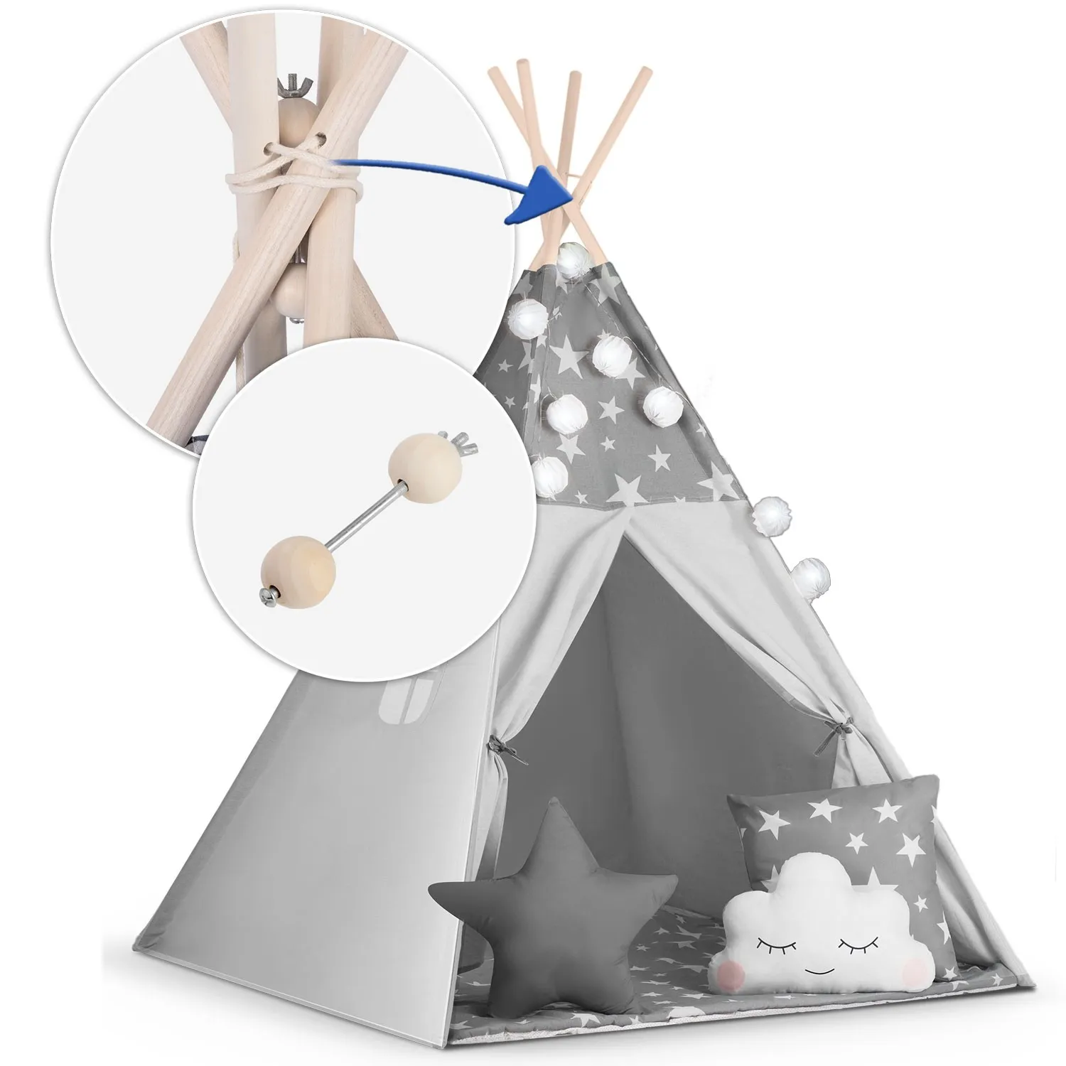 teepee šator za djecu s girlandom i nukido svjetlima - sivi sa zvjezdicama - slika 7