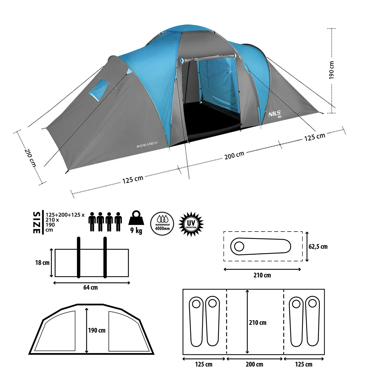 nils camp šator za kampiranje highland iv plavo-sivi - slika 7