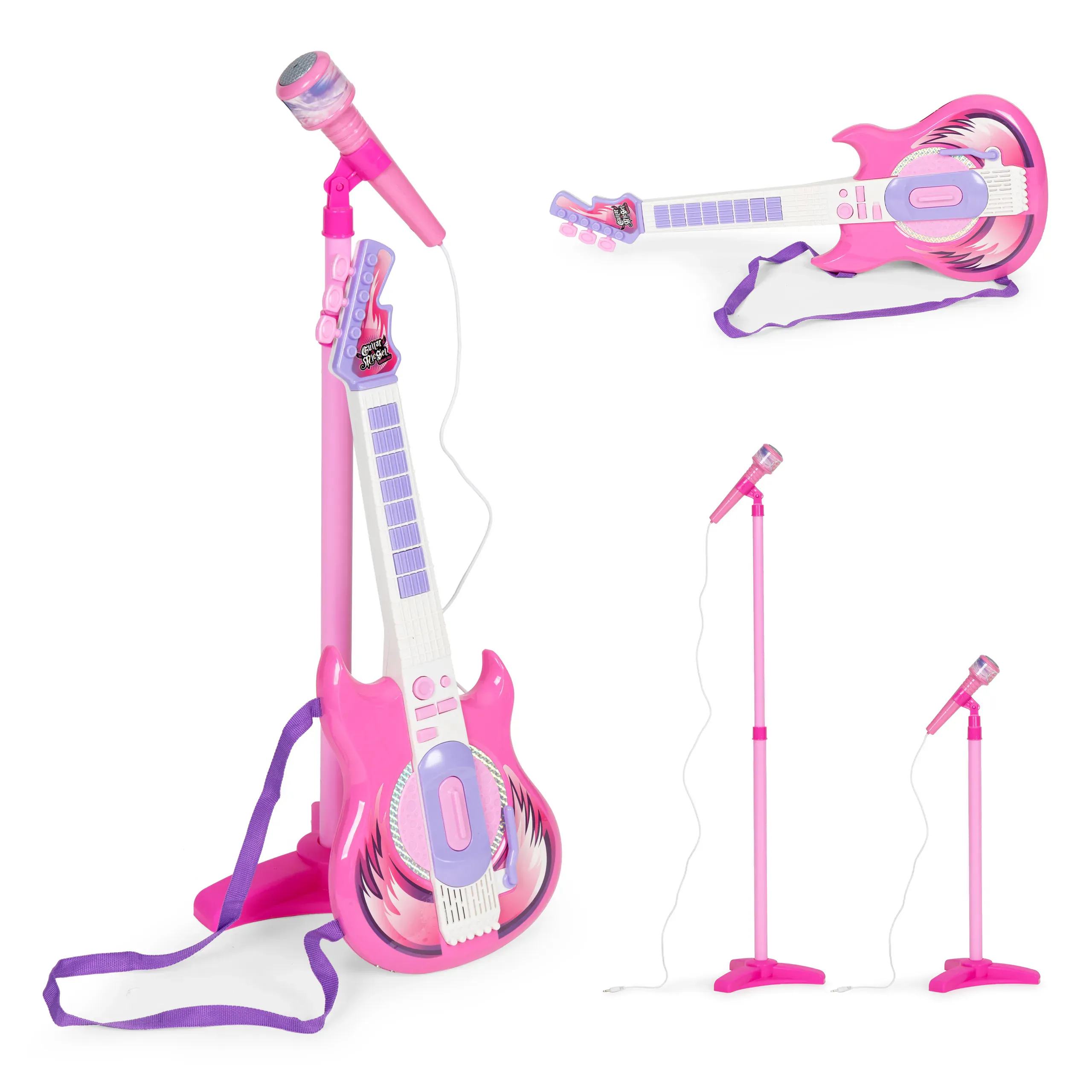 mp3 dječja električna gitara sa stalkom i mikrofonom roza - slika 2