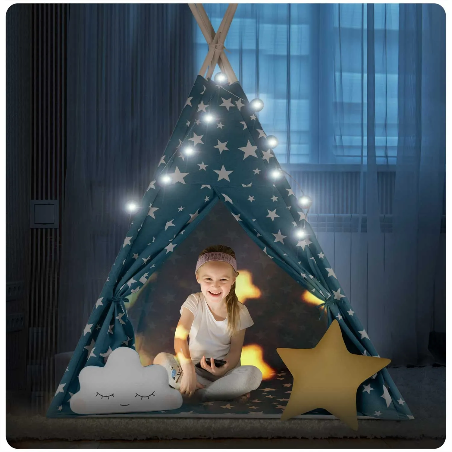 teepee šator za djecu s nukido svjetlima - plavi - slika 8