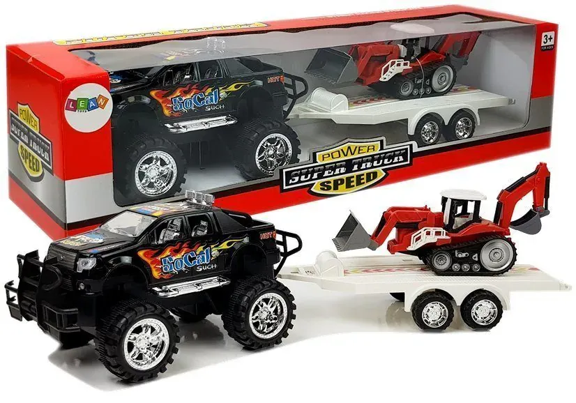 set vozila monster truck s bagerom na prikolici crno - crveni - slika 2