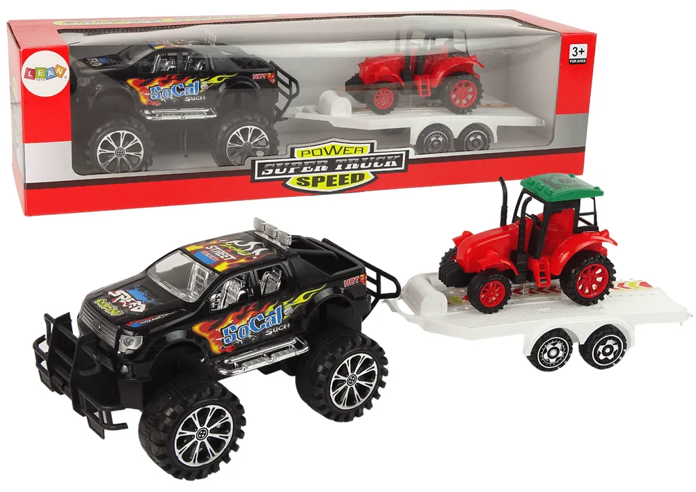 set vozila monster truck s bagerom na prikolici crno - crveni - slika 3