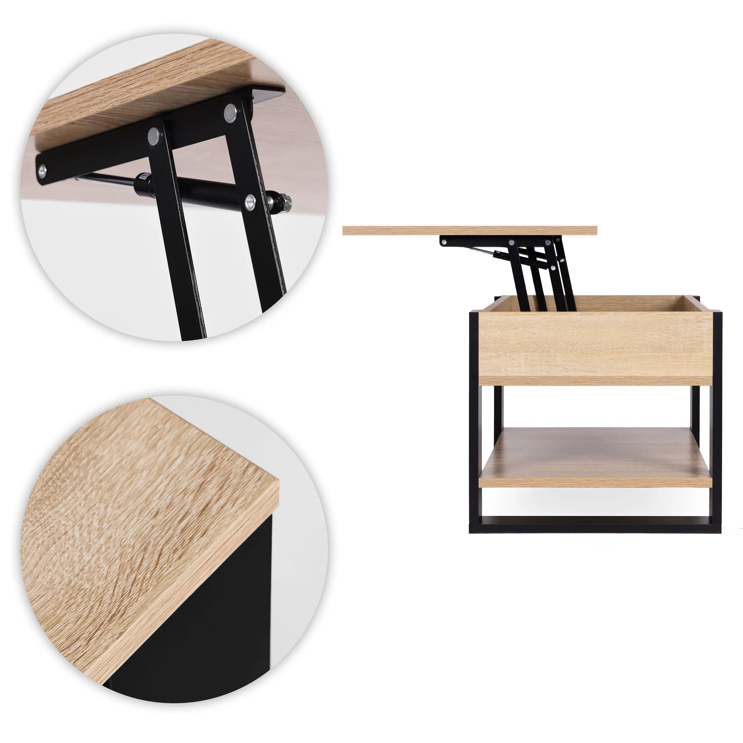 modernhome stolić za kavu s podiznom i proširivom pločom 90 cm, spremnik za pohranu, polica, sonoma hrast - slika 9
