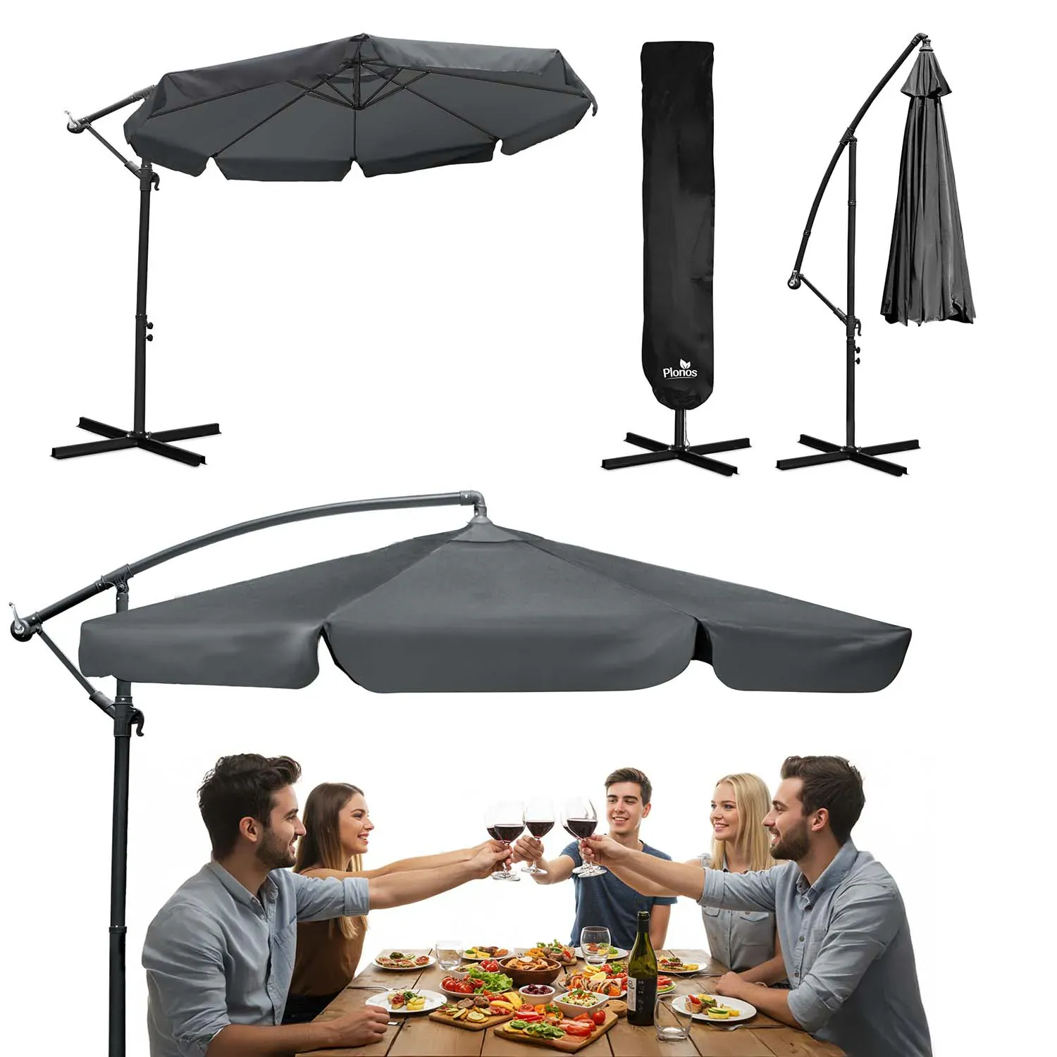 veliki vrtni suncobran plonos 350 cm sivi - slika 2