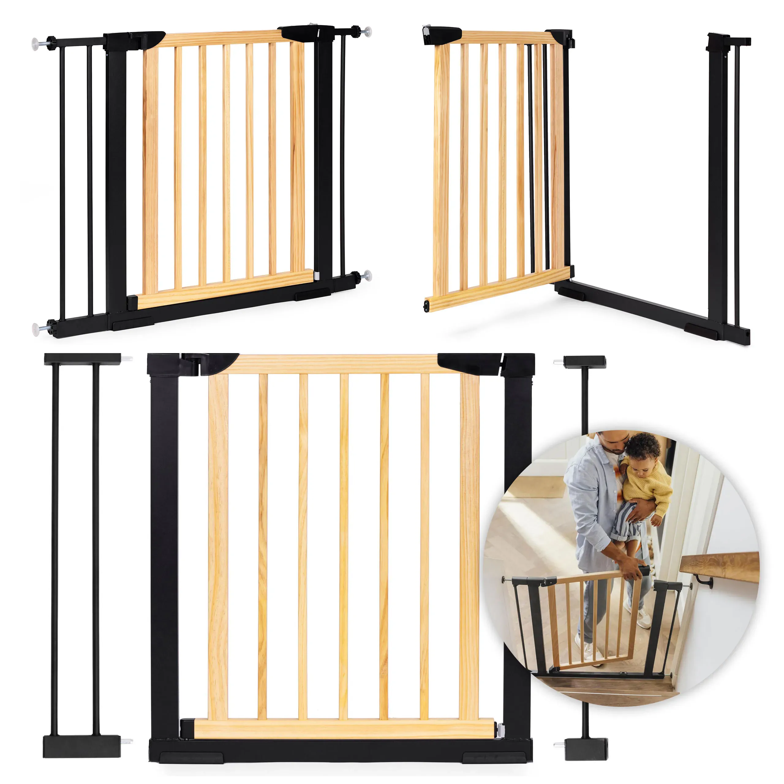 sigurnosna ograda, 74-100 cm, za stepenice i vrata, metal i drvo, dodatni paneli, ecotoys - slika 2