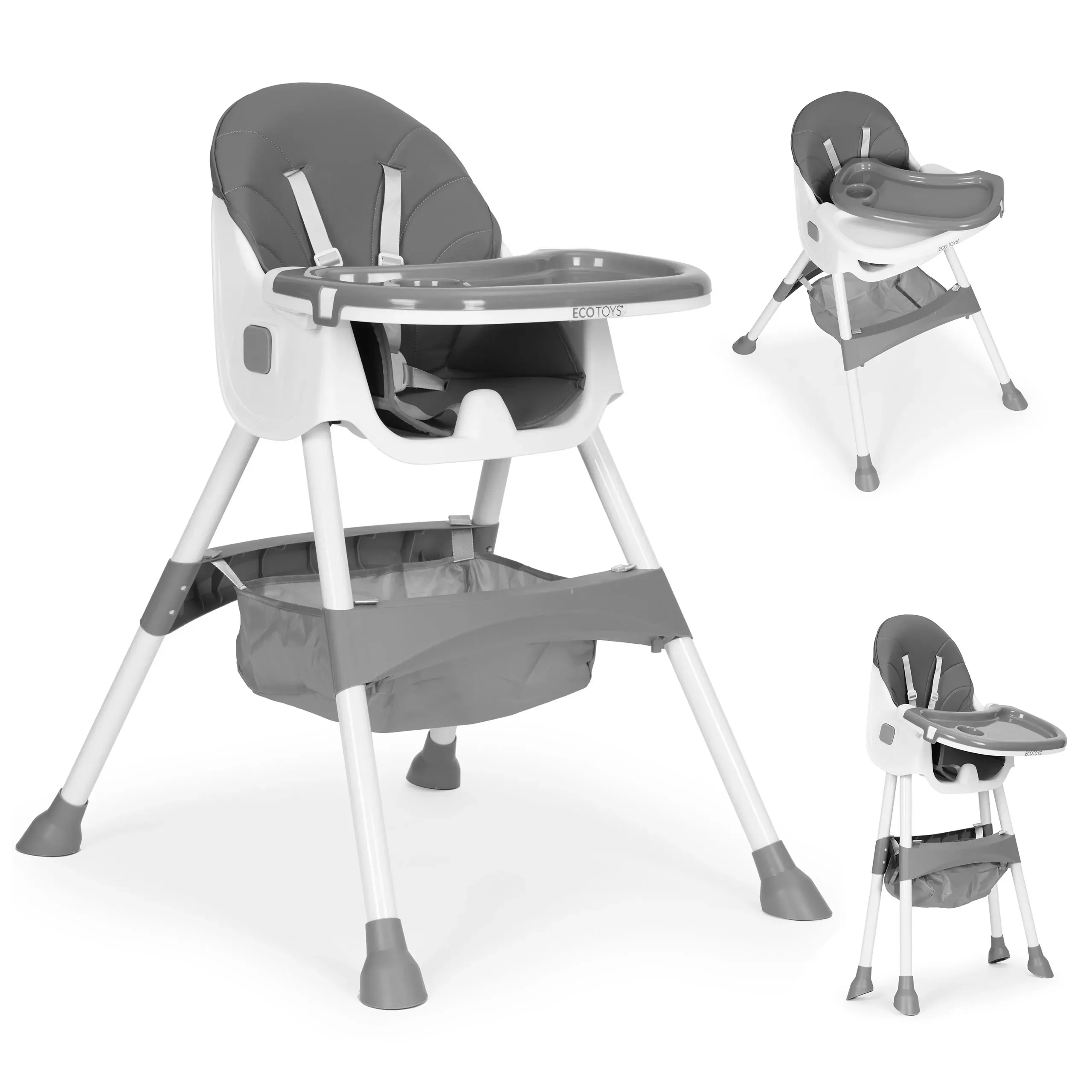 dječja stolica za hranjenje s pladnjem i košarom, pojas na 5 točaka, siva, ecotoys - slika 2