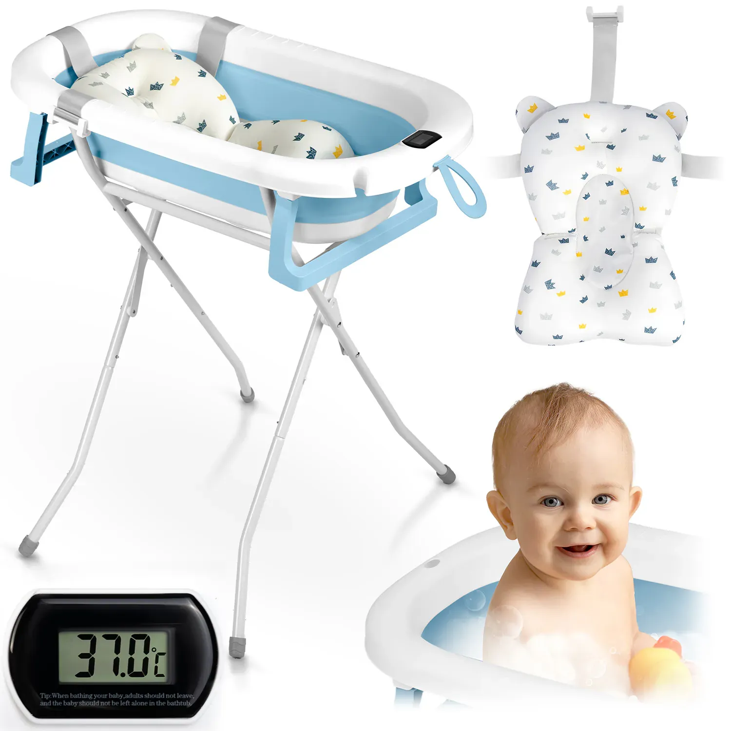 ricokids rk-287 sklopiva kada za bebe – s termometrom, stalkom i uloškom, bijelo-plava - slika 2