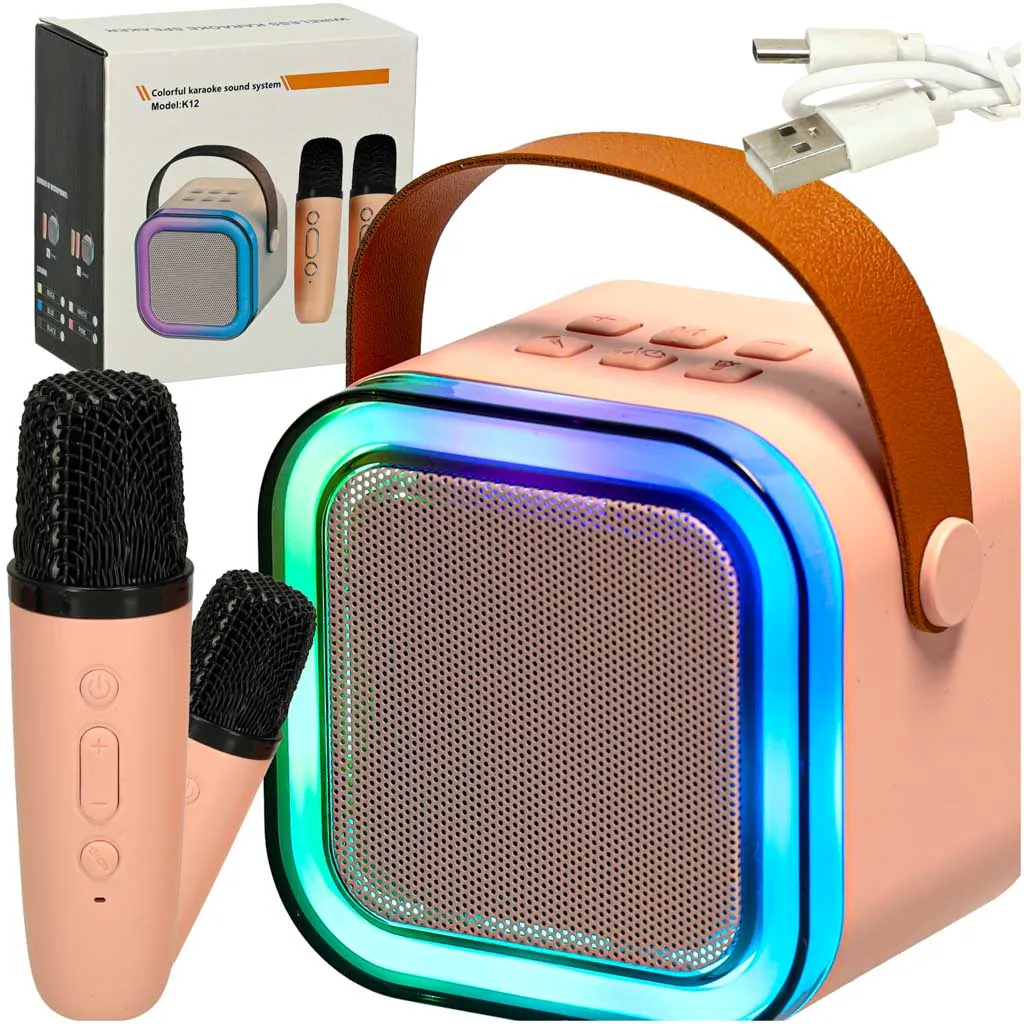 karaoke set 2 mikrofona + zvučnik bluetooth usb led pink - slika 2