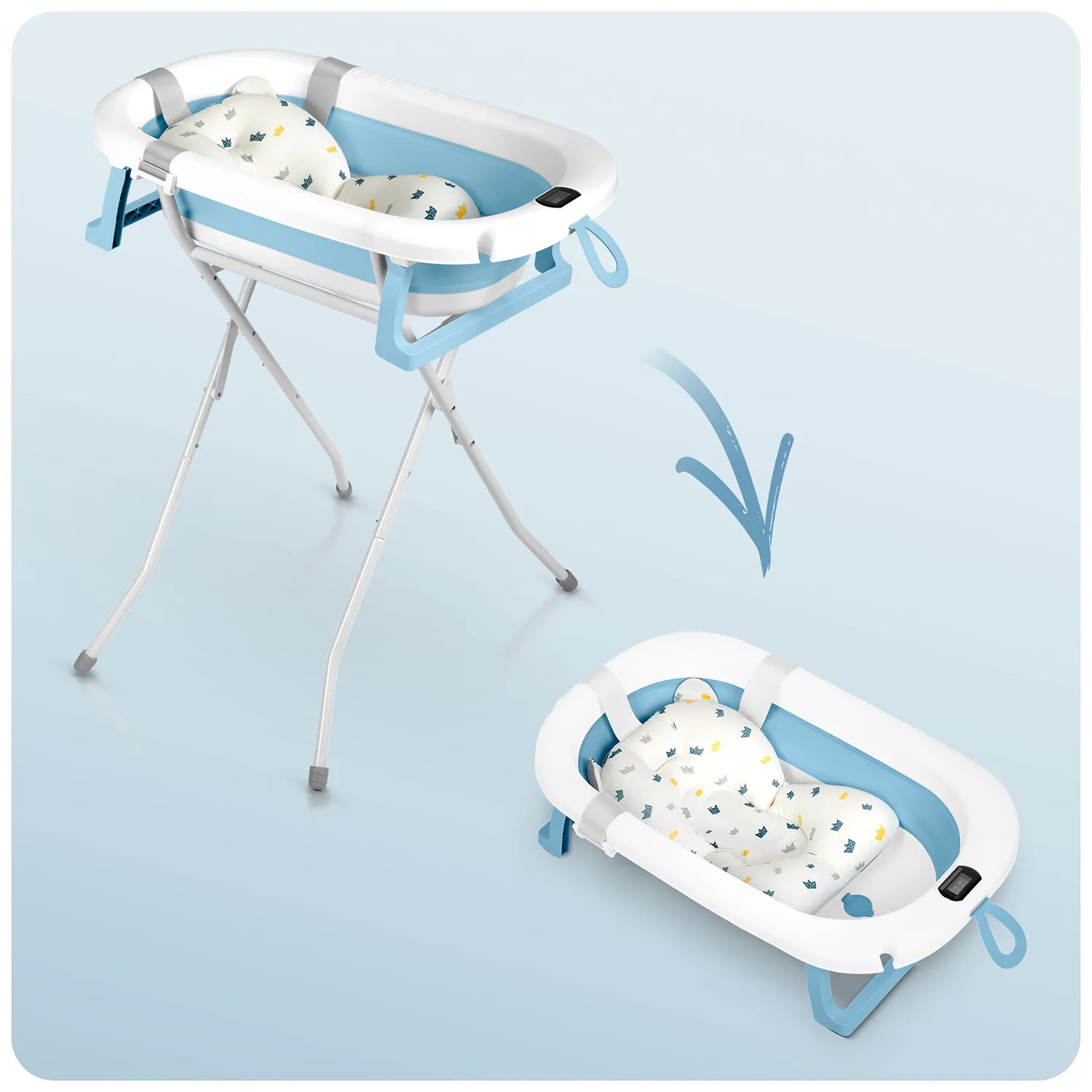 ricokids rk-287 sklopiva kada za bebe – s termometrom, stalkom i uloškom, bijelo-plava - slika 6