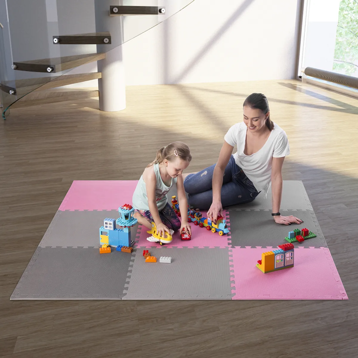 set od 9 zaštitnih podloga u obliku slagalice za teretanu 60x60x1,0 cm sivo roza - slika 7
