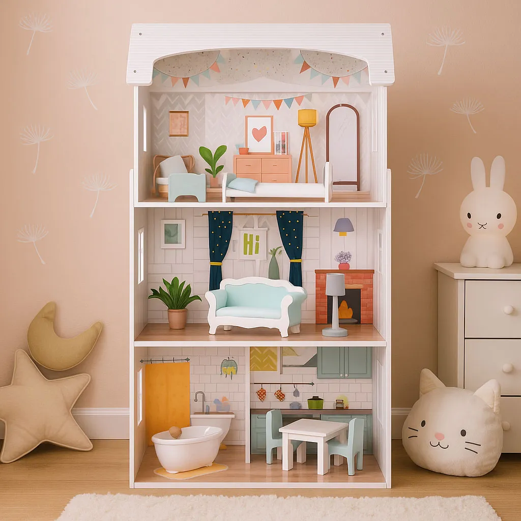 ecotoys kućica za lutke alice – 3 kata, 4 sobe i 9 komada namještaja - slika 8