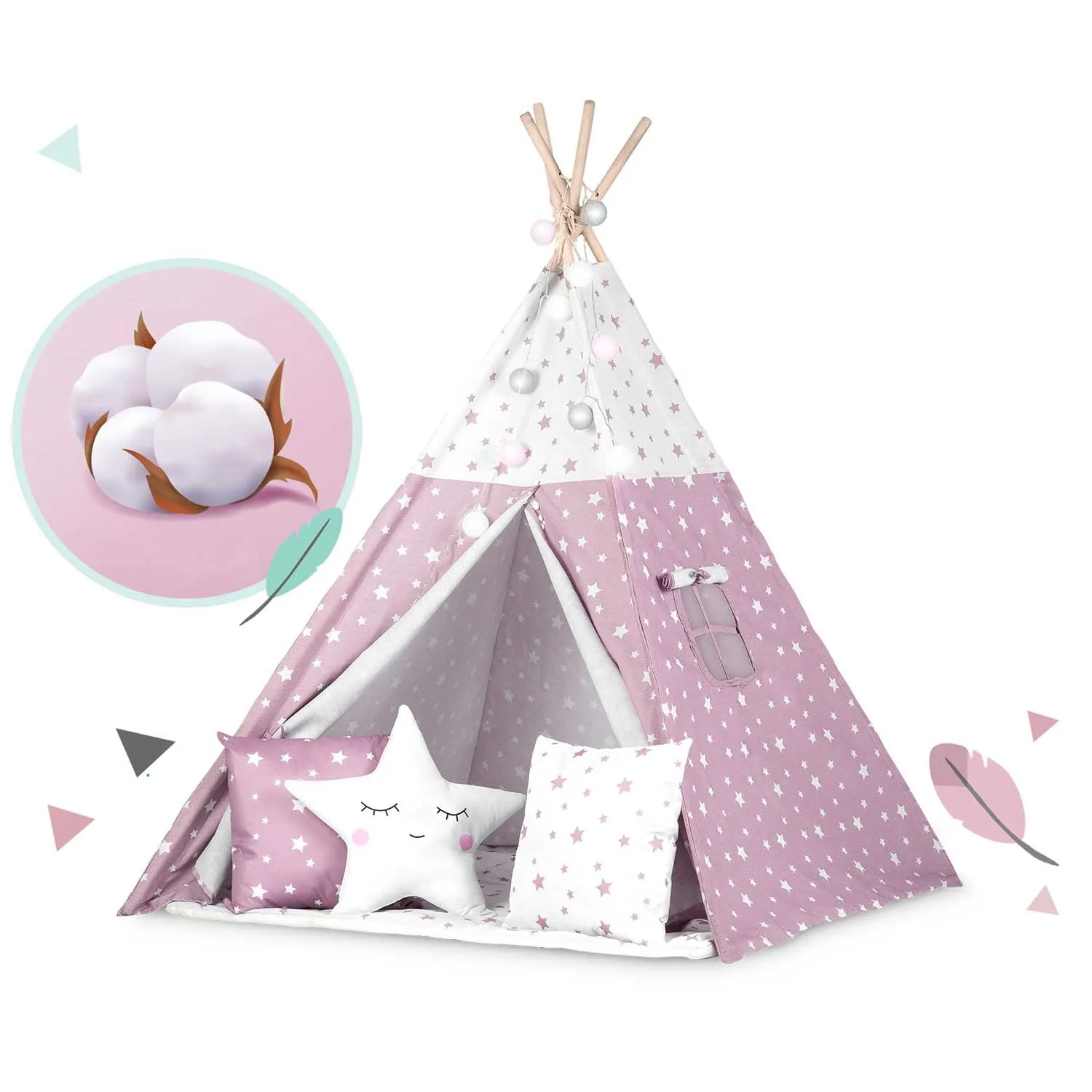 nukido teepee šator za djecu s svjetlima -bijelo rozi - slika 4