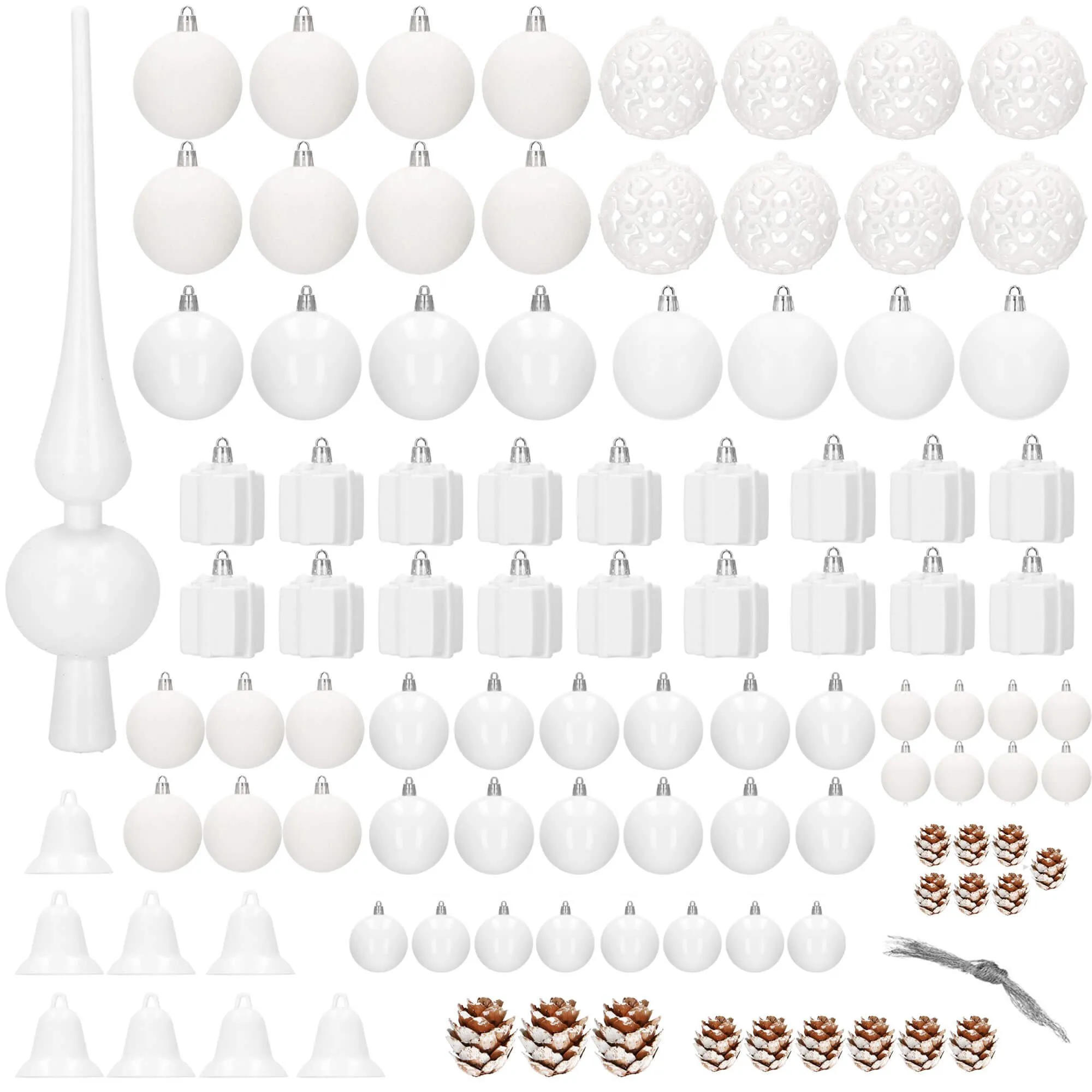 set božićnih kuglica 3–6 cm – 101 komad, bijele - slika 11