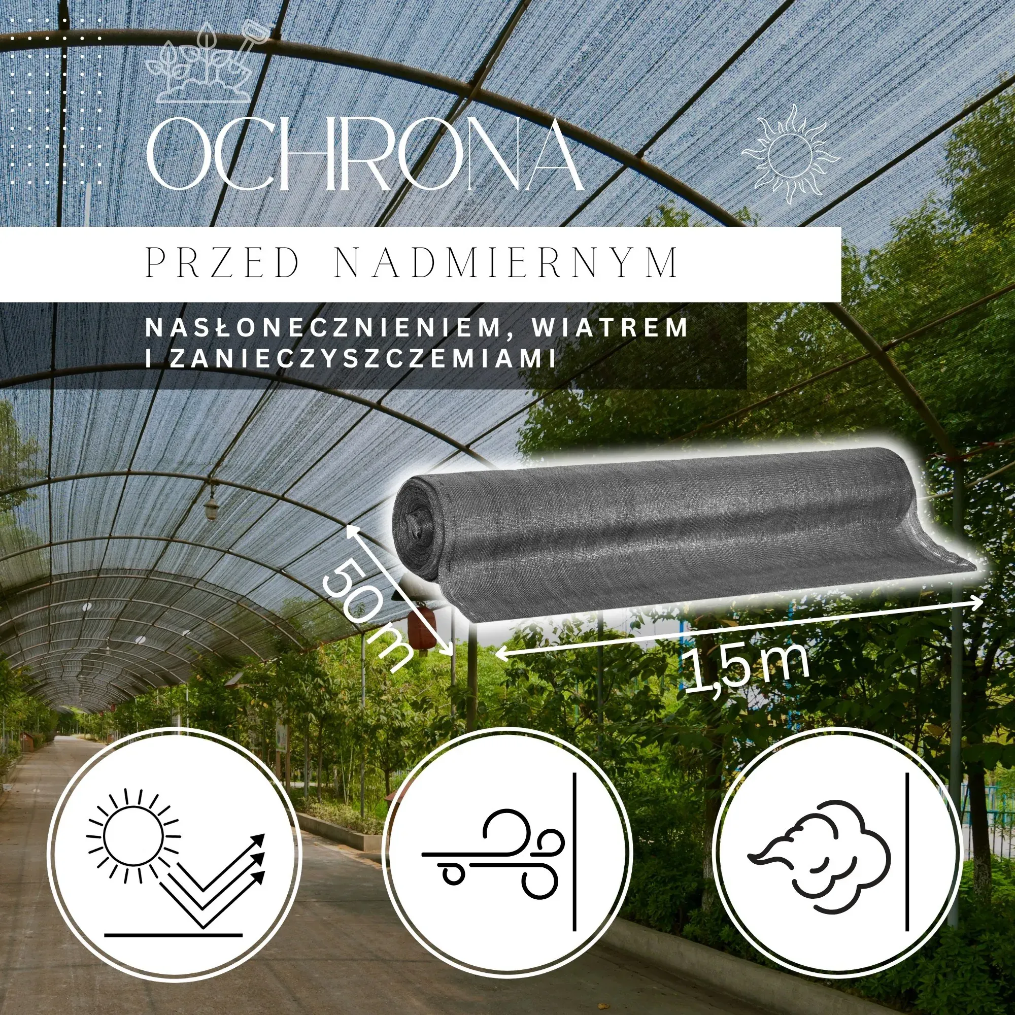 Mreža za sjenjenje, svijetli antracit, 185 g/m², 1,5 × 50 m + 200 vezica - Pribislavec