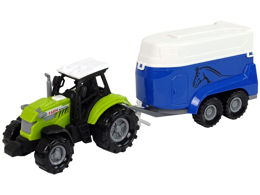 zeleni traktor s plavom prikolicom za prijevoz konja - slika 5