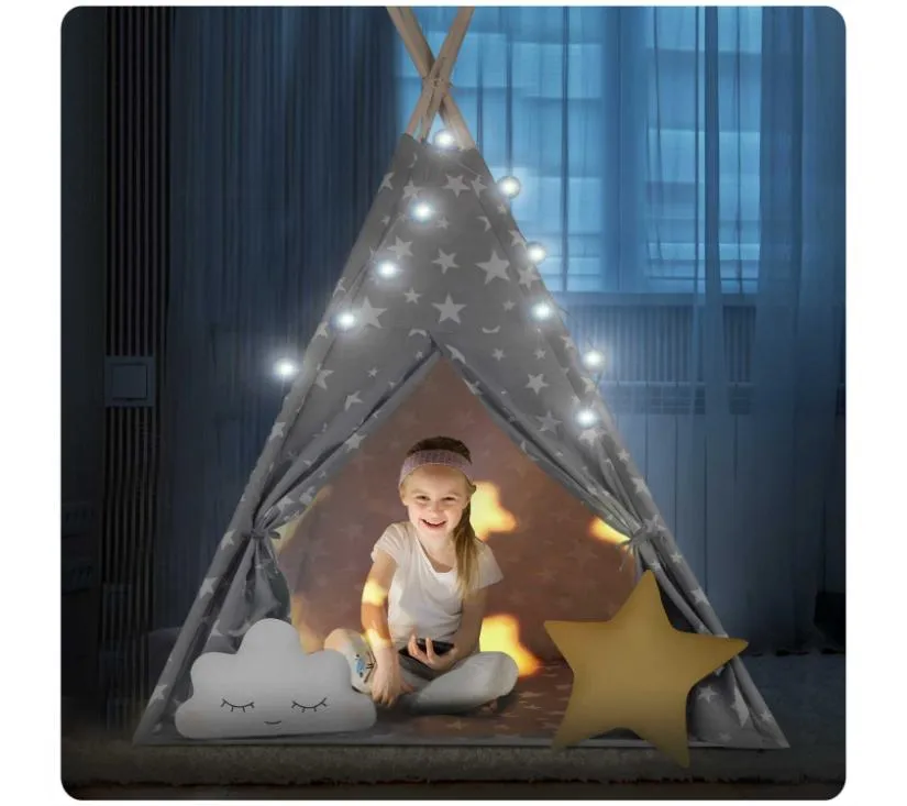 nukido teepee šator za djecu sa svjetlima - sivi sa zvjezdicama - slika 4