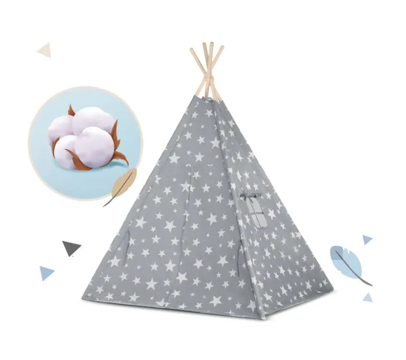 nukido teepee šator za djecu sa svjetlima - sivi sa zvjezdicama - slika 7