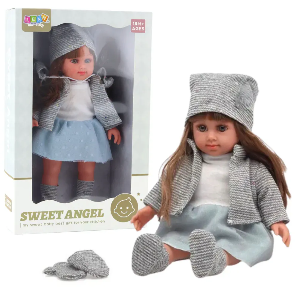 elegantna lutka – plava haljina, kapica, džemper i rukavice, 36,5 cm - slika 2