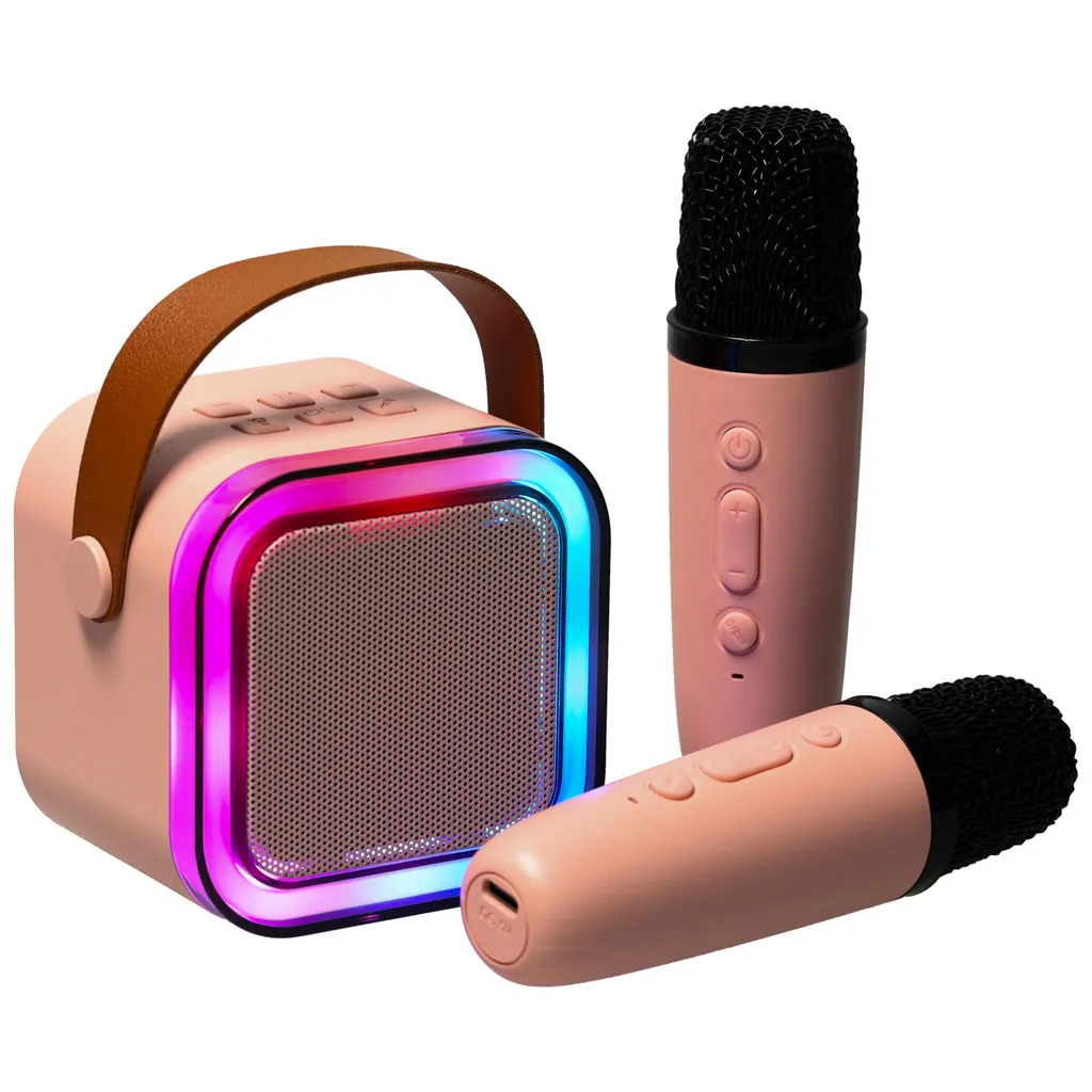 karaoke set 2 mikrofona + zvučnik bluetooth usb led pink - slika 3