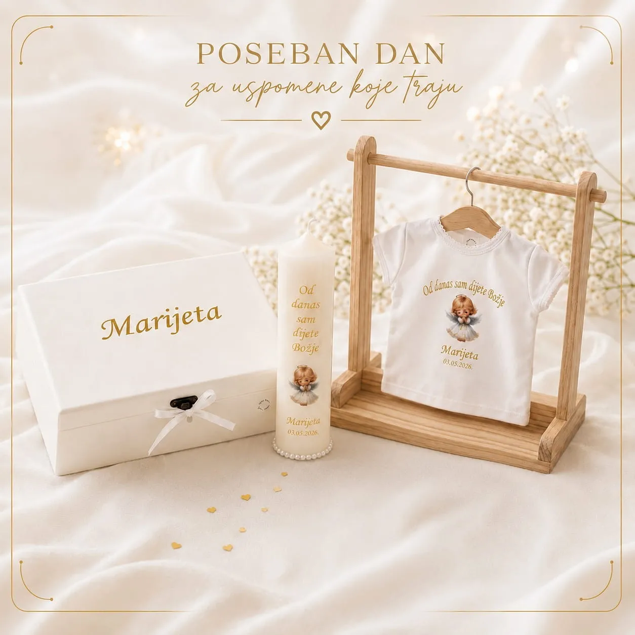 Personalizirani set za krštenje – kutija, svijeća i košuljica - Virje