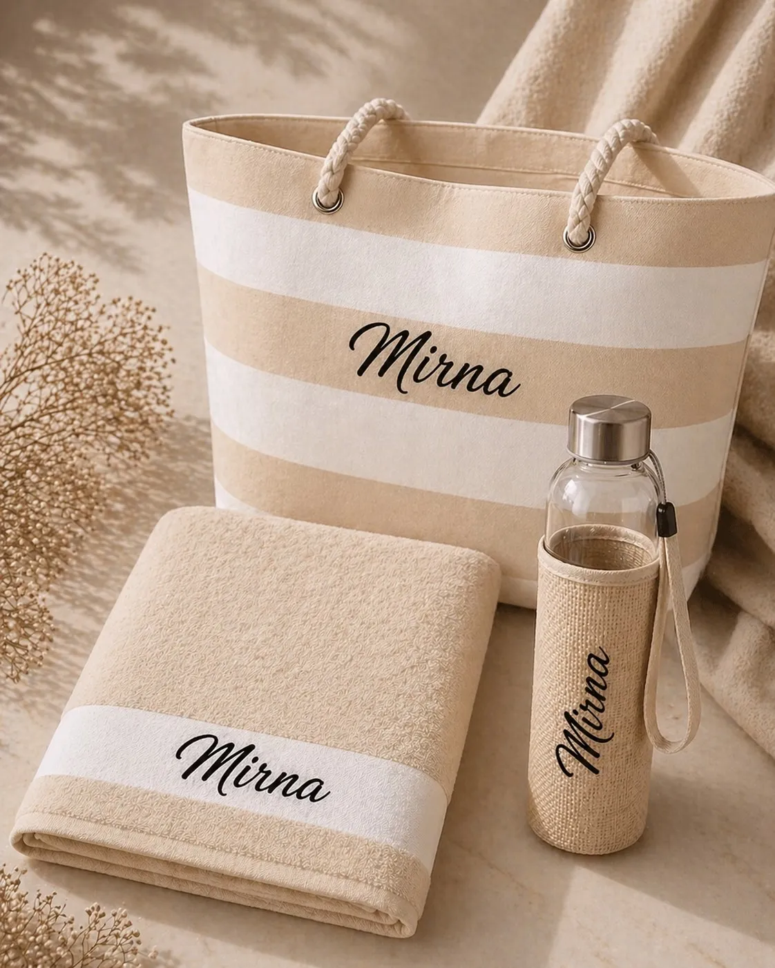 set za plažu bež – torba, ručnik i boca - slika 2