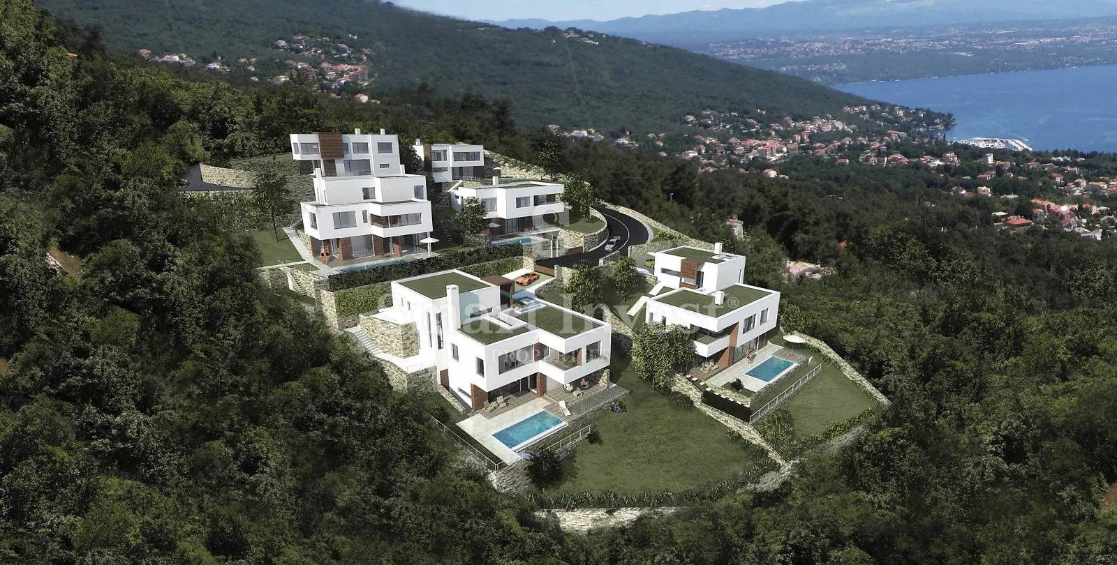 LOVRAN, građevinsko zemljište s dozvolama za gradnju 6 vila pogled more - Dobreć, Opatija