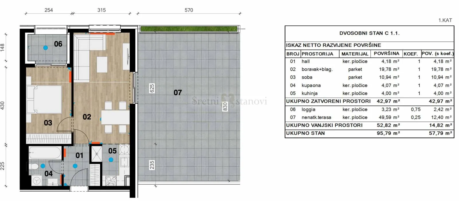 Stan Zagreb Črnomerec, Zapadni kolodvor 1S+DB dvosobni novogradnja